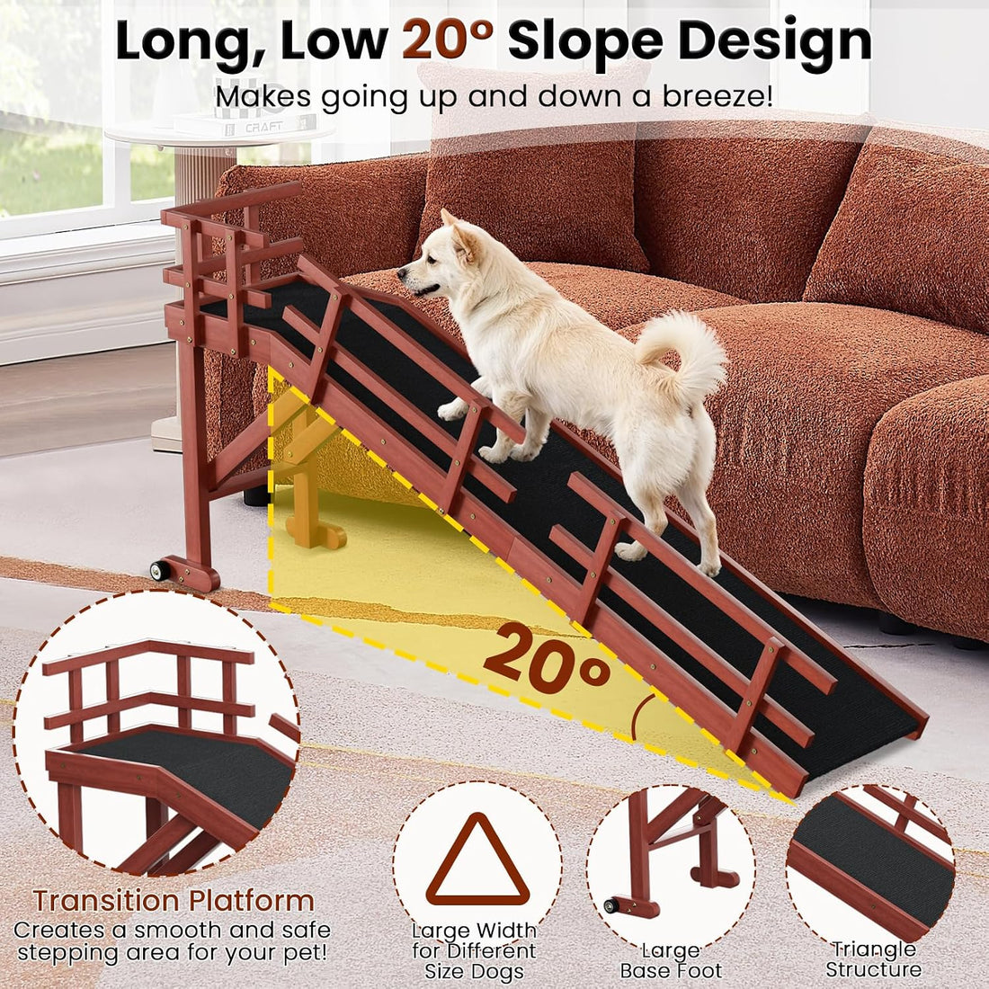 whiffee 60" Dog Ramp for Bed & Couch with Top Rest Platform & Wheels