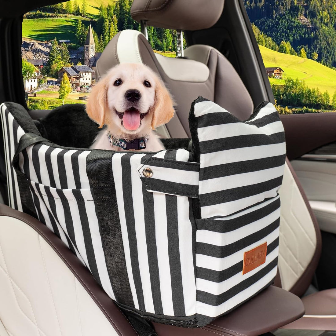 Console Dog Car Seat for Small Dogs to 15lbs (Black& White Stripes)