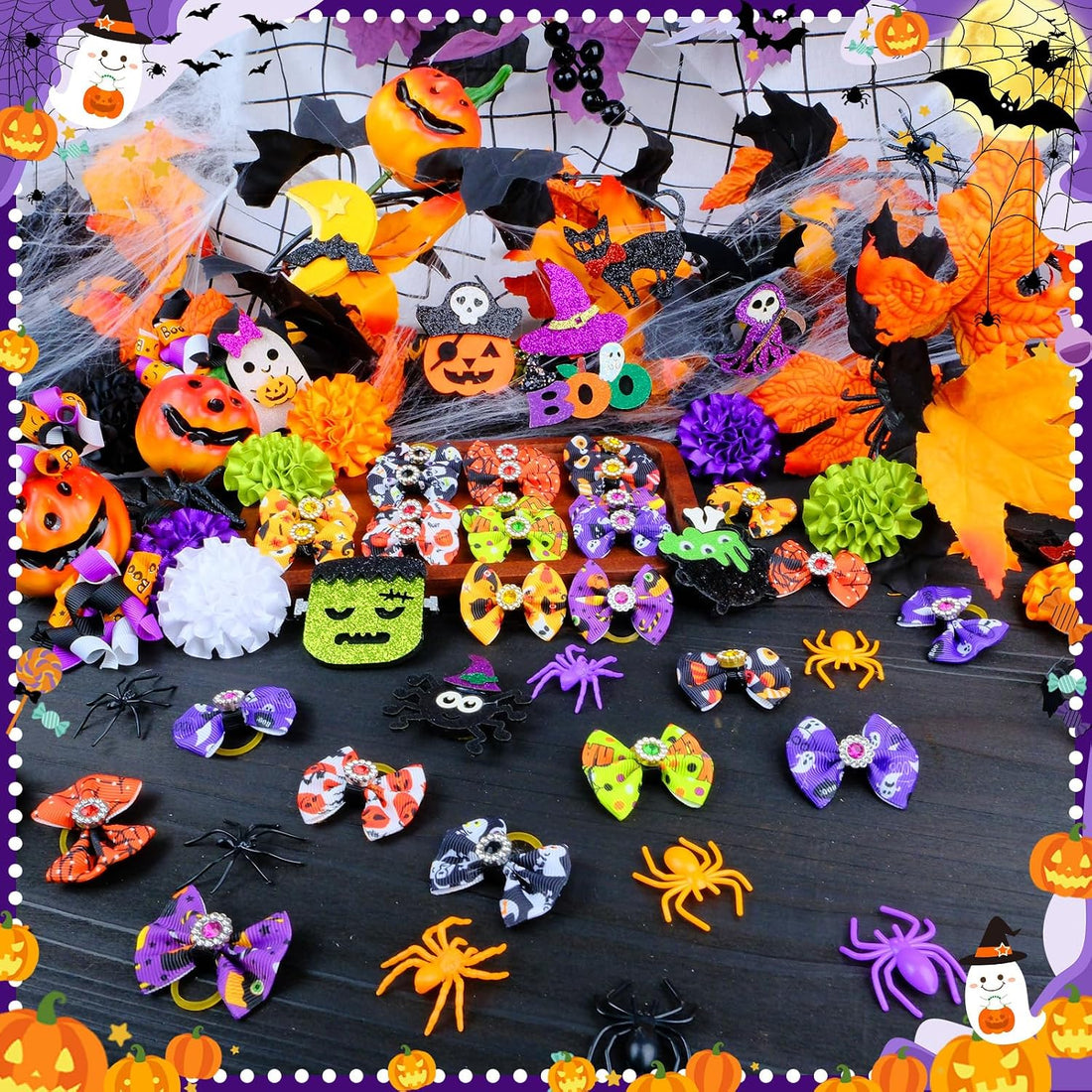 SUMMORO 68Pcs/34Pairs Halloween Dog Hair Bows with Rubber Bands