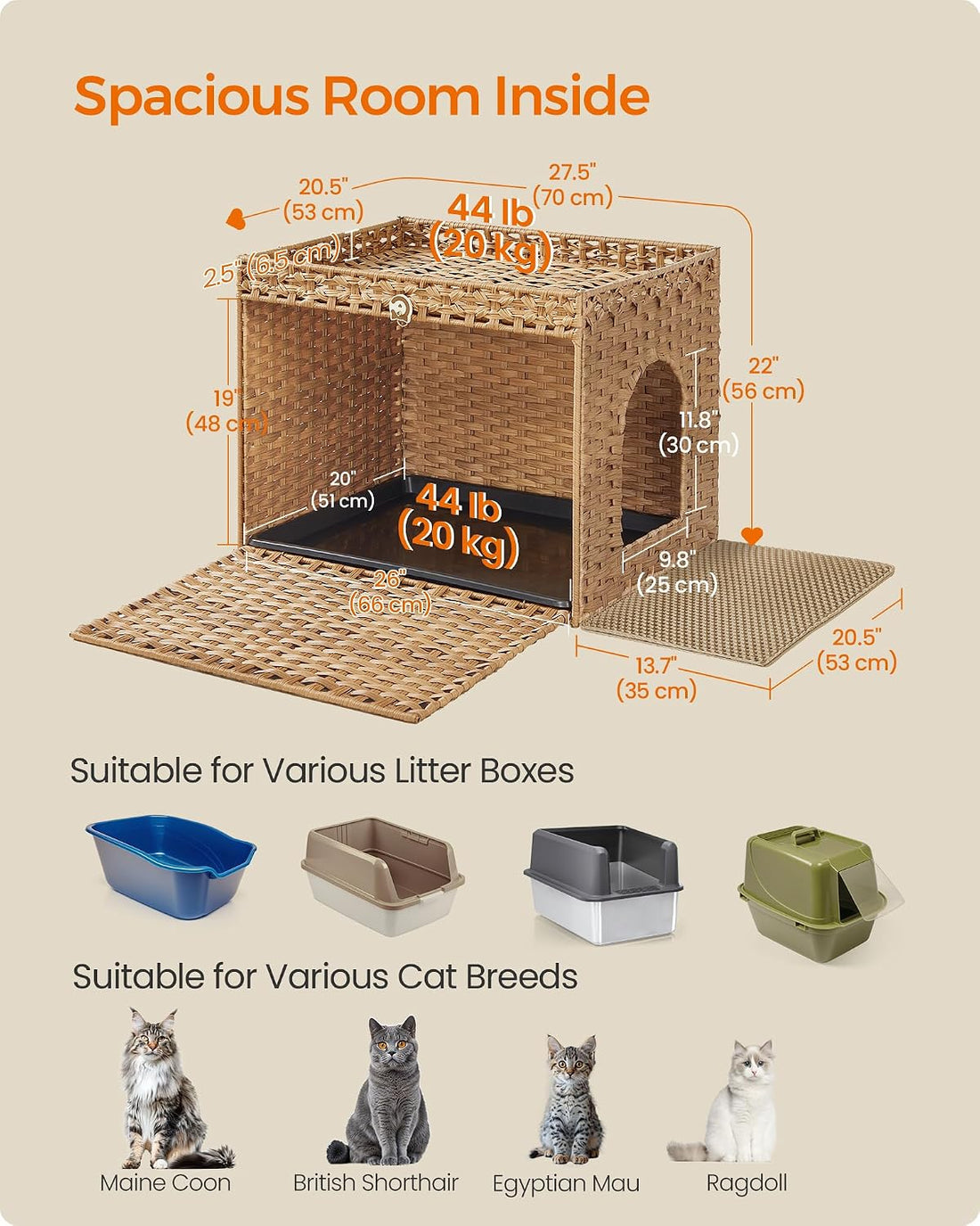 Feandrea Cat Litter Box Enclosure, Handwoven Rattan End Table