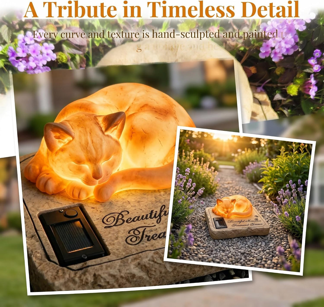 Solar Light Cat Memorial Garden Stones with A Sleeping Kitty Statue