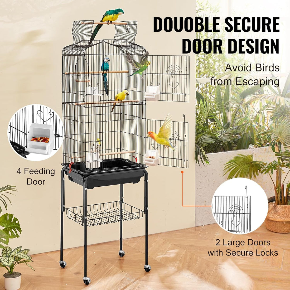 VEVOR 64-inch Open Top Large Parrot Bird Cage with Detachable Rolling