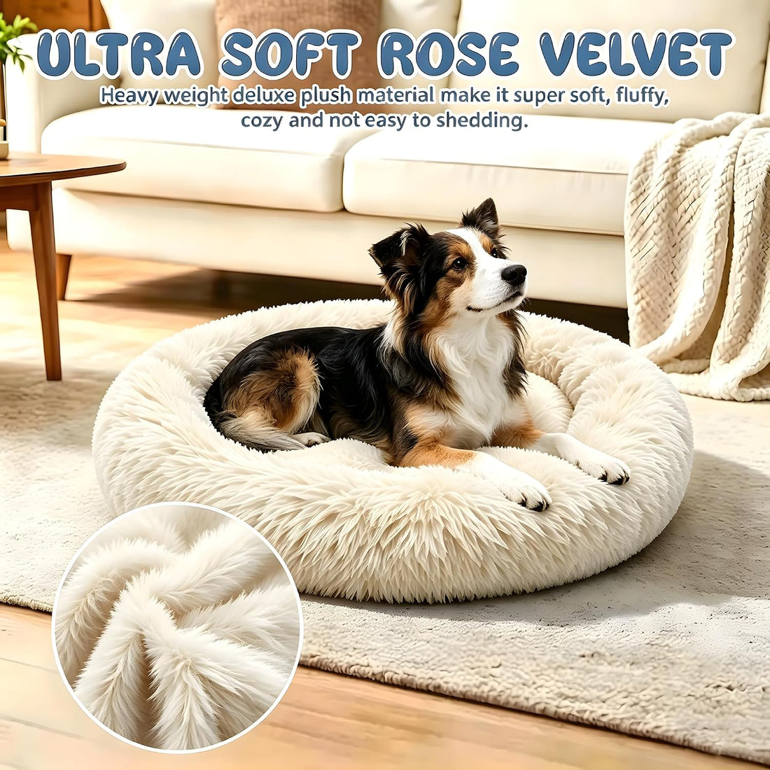 Round Donut Pet Bed 24in Soft Plush Calming Cushion with Non-Slip Base