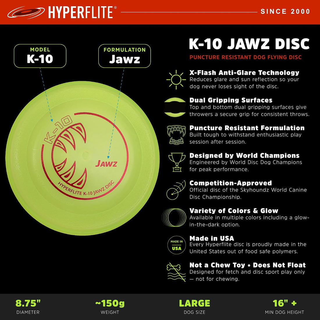 Hyperflite K-10 Jawz Puncture Resistant Dog Flying Disc, Medium-Large