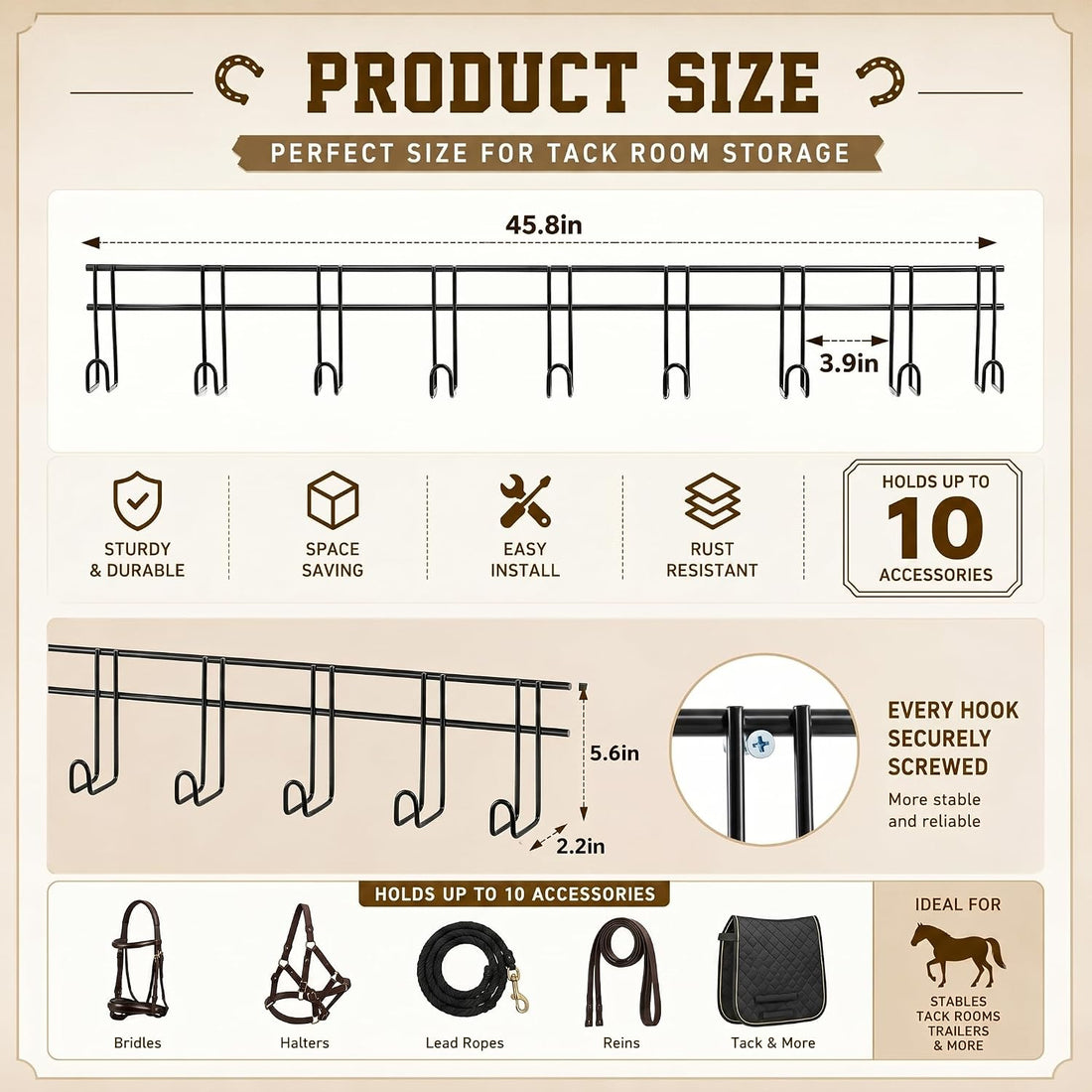 Yaocom 10 Hook 2 Pcs Bridle Hooks Tack Room Metal Wall Hangers Rack