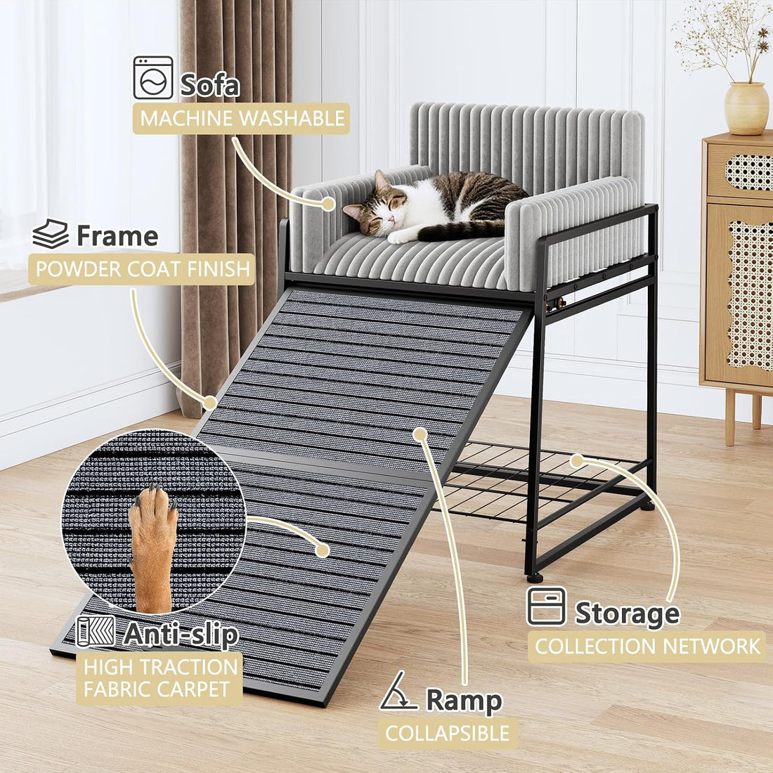 Dog Window Perch with Stairs and Storage,Pet Stairs Ramp with Seat