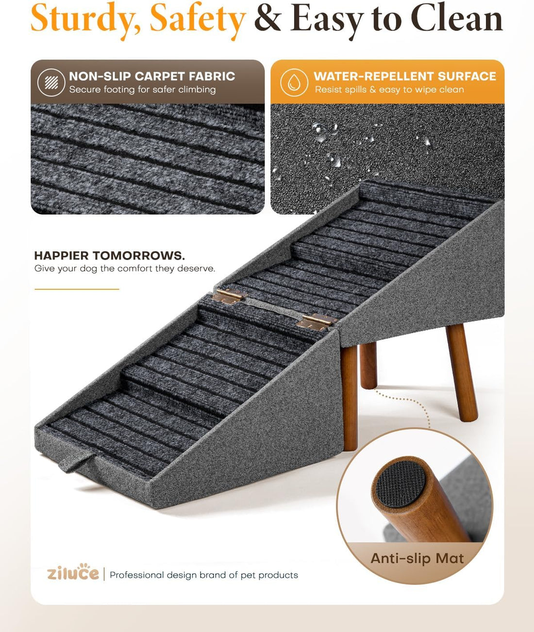 17" H Foldable Pet Steps for Sofa, Non-Slip Ramp Stairs
