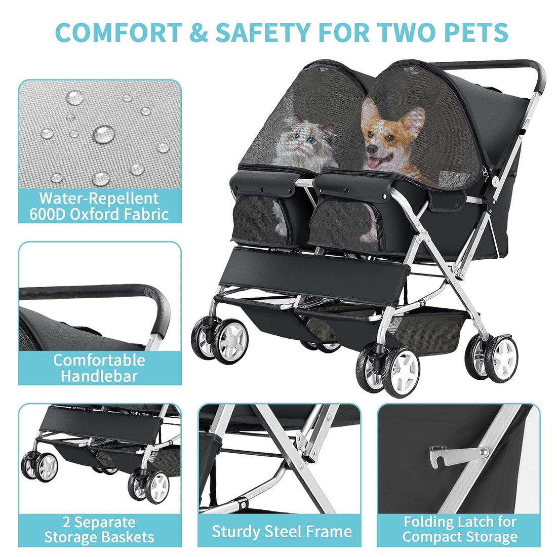 Double Pet Stroller for 2 Dogs & Cats, Side-by-Side