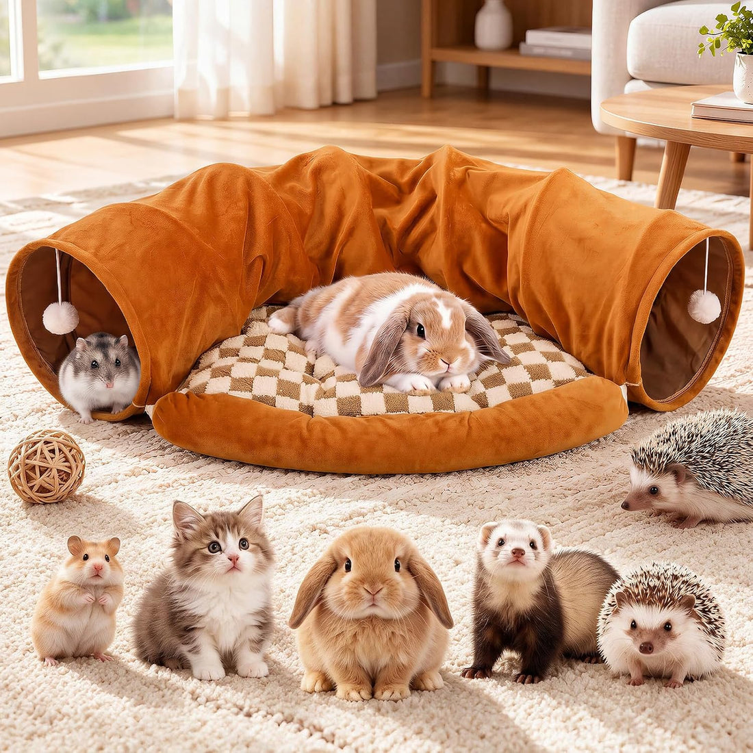 Bunny Tunnel for Rabbits, 2-in-1 Rabbit Tube Toys with Removable Mat