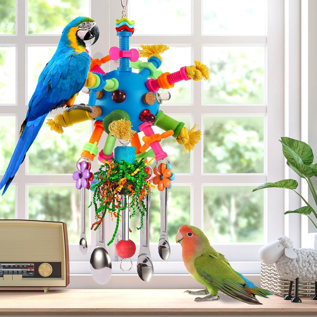 Parrot Toys Bird Toys Perch Pullable Stainless Steel Spoons Colorful