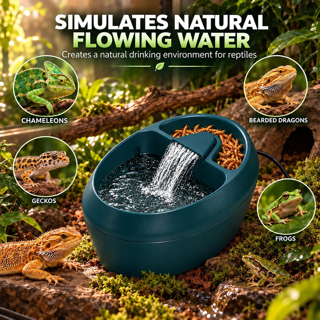 700ml Reptile Waterfall Fountain with Feeder Bowl