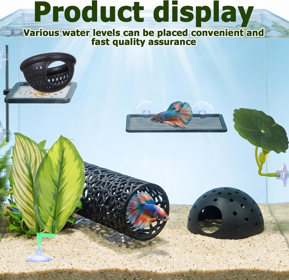 Amabro 4Pcs Betta Fish Hammock Tunnel Set Float Cave Leaf Pads