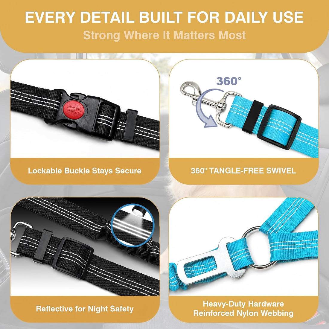 Dog Seat Belt for Car 2 Pack, 3-in-1 Adjustable-Length Bungee Tether