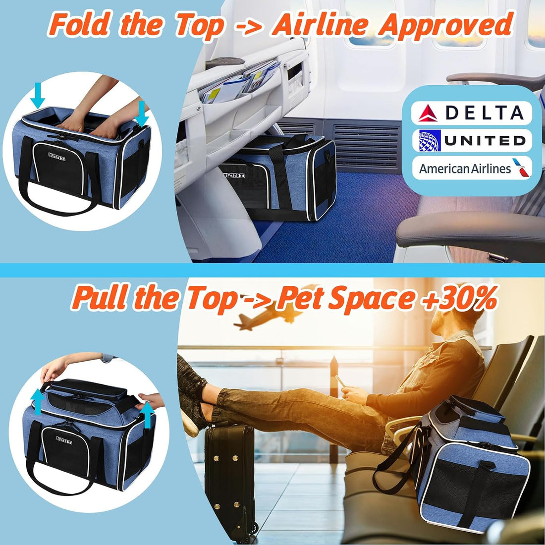 Petskd Top-Expandable Small Pet Carrier 18"x11"x11" Airline Approved