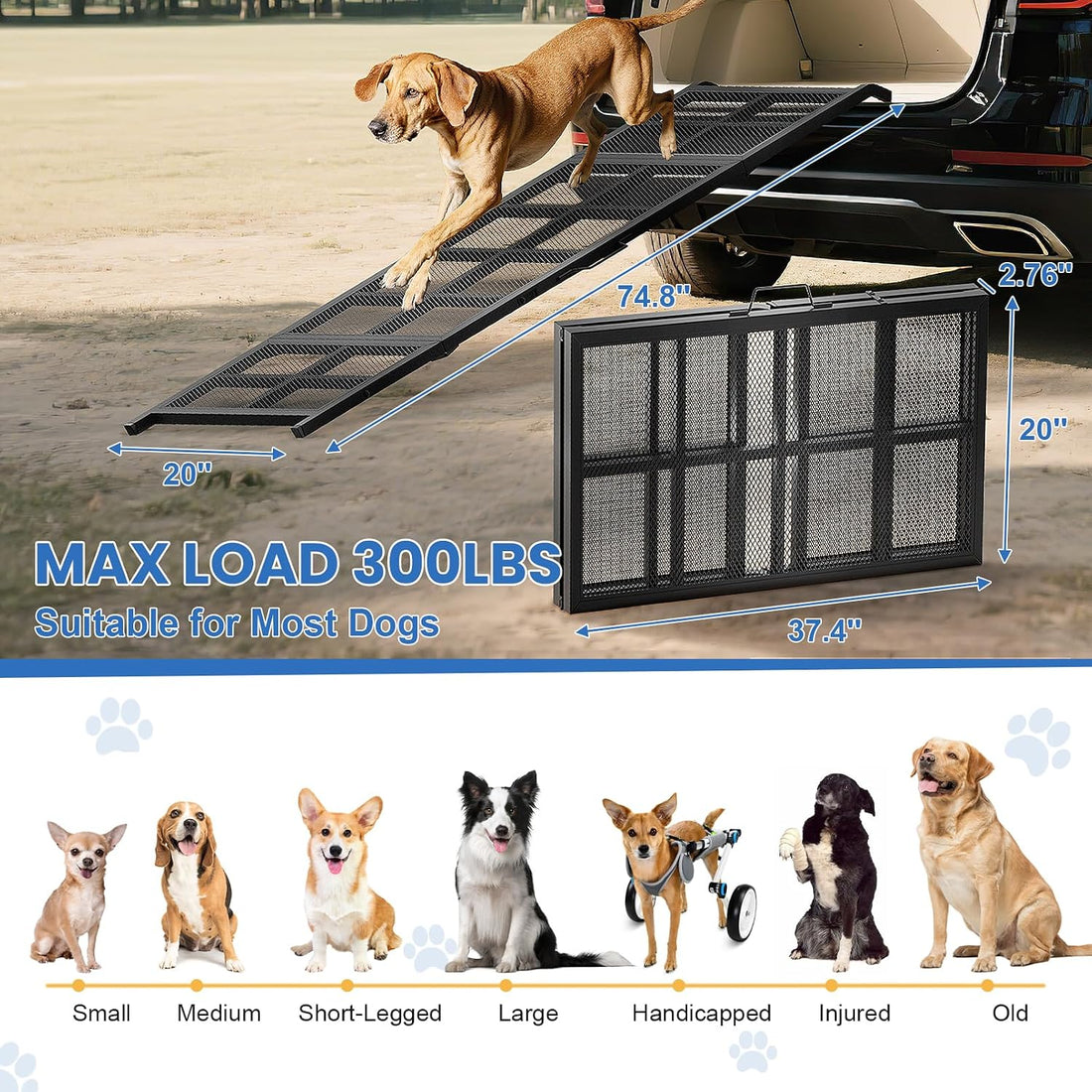 Dog Ramp for Car, 74"x 20" Large Folding Pet Stair Ramp with Non-Slip