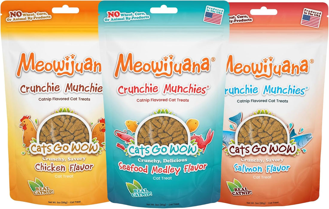 Meowijuana Crunchie Munchie Treats, Salmon Seafood & Chicken 3-Pack