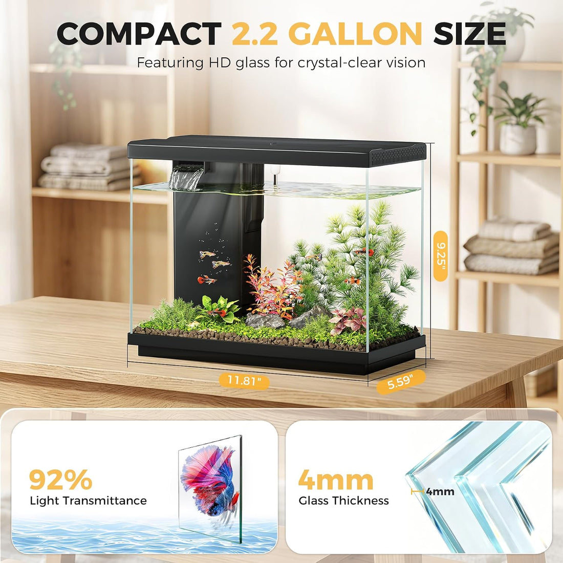2.2 Gallon Small Fish Tank, Betta Fish Aquariums