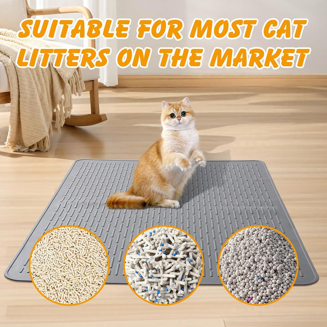 Silicone Cat Litter Mat, Waterproof, Raised Edge, 28 x 20 in, Gray