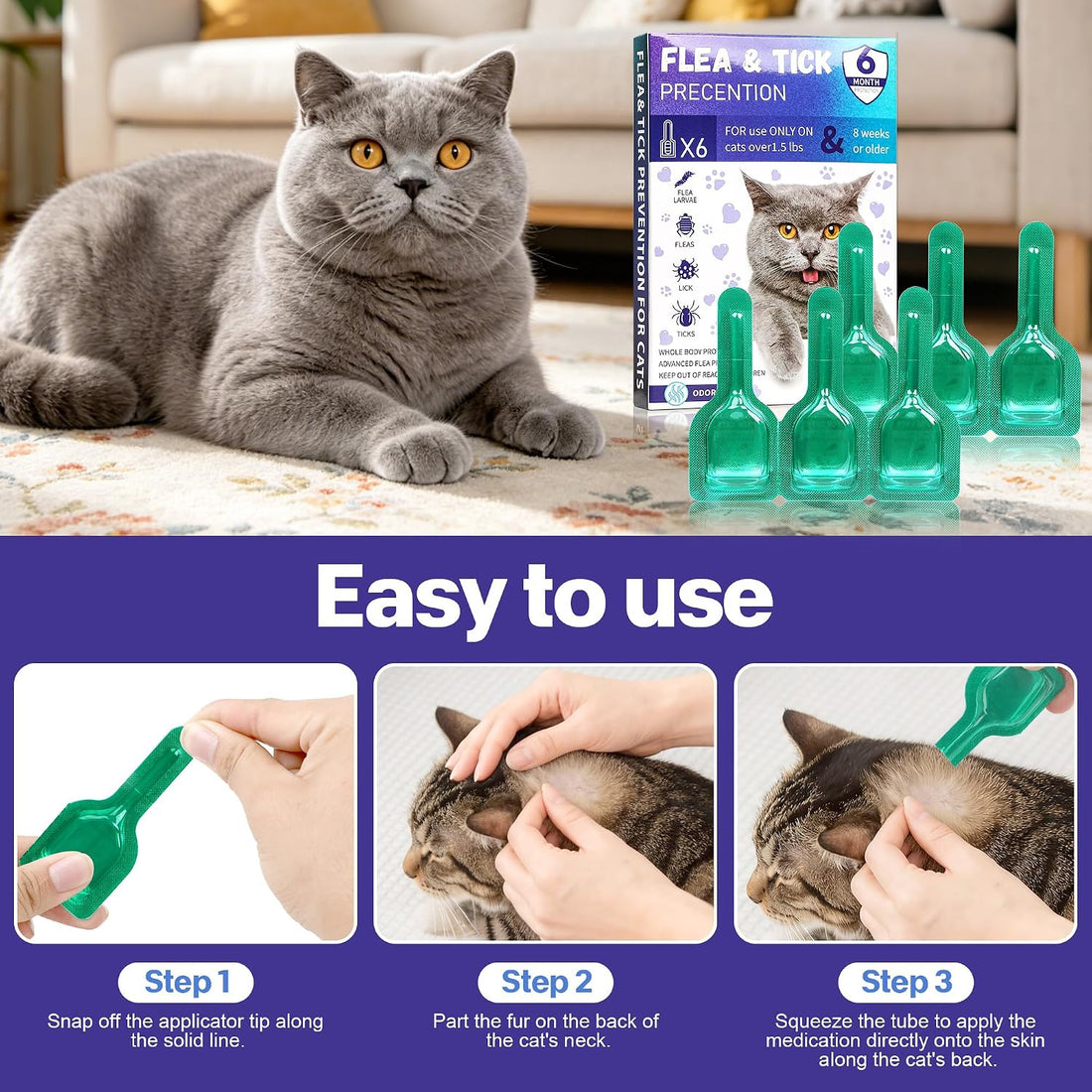 Topical Cat Flea & Tick for Over 1.5 lbs & 8+ Weeks, 6 Month Supply
