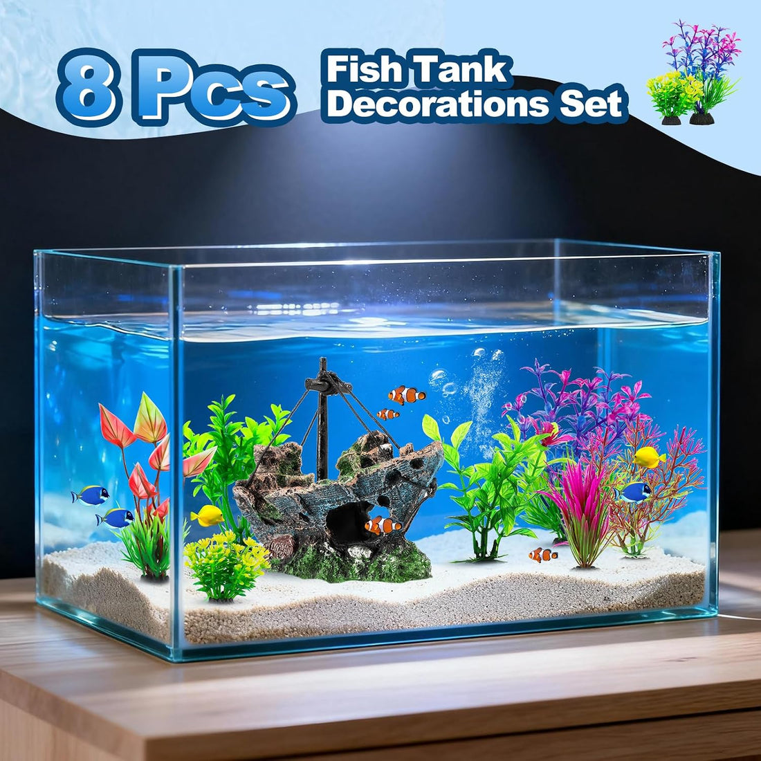 8Pcs Fish Tank Decorations Set Sunken Ship Decoration,Resin Material