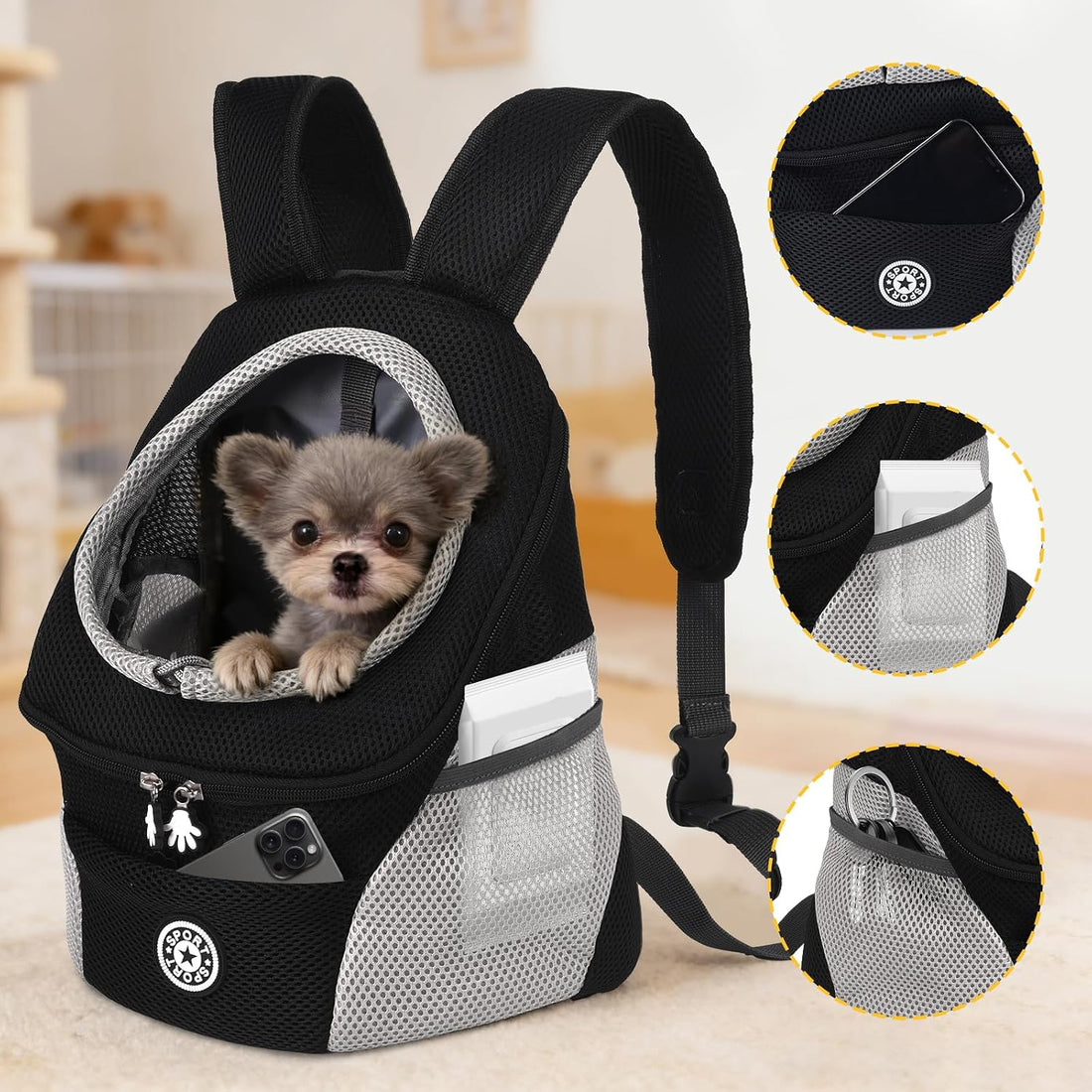 Teacup Dog Carrier Mesh Front Backpack with Side Storage Pockets