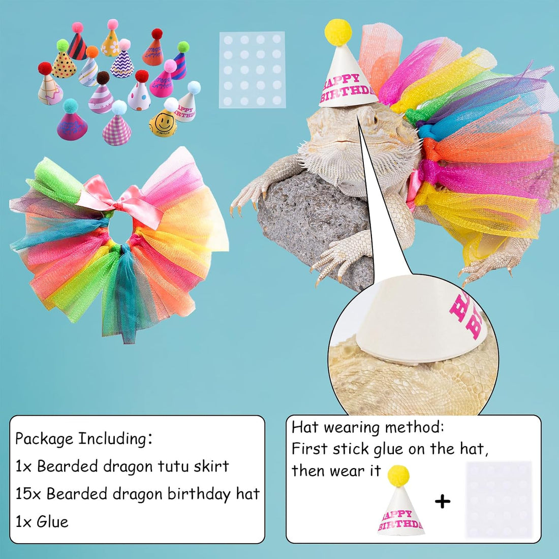 15Pcs Bearded Dragon Hats & Lizard Adjustable Tutu Skirt Set