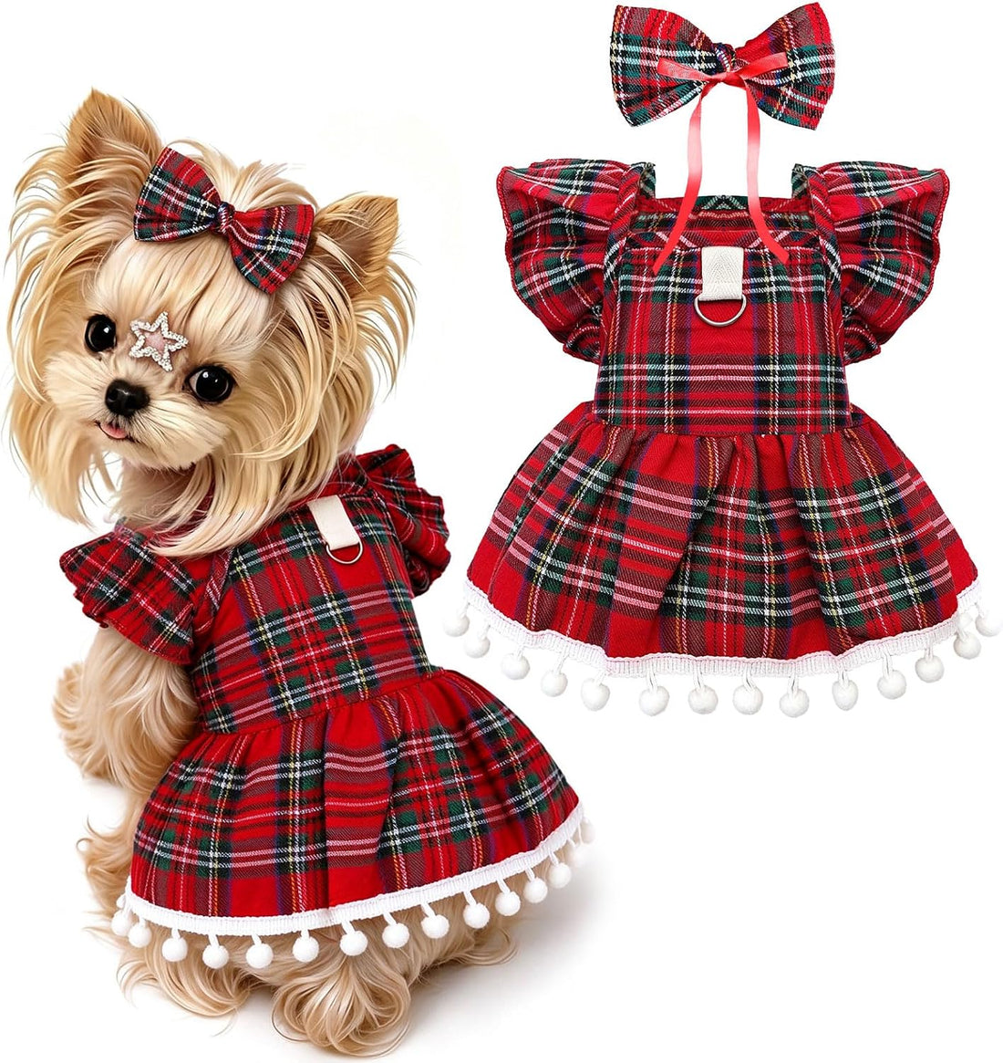 ABRRLO Plaid Small Dog Cat Christmas Dress Outfits with Bow & Leash