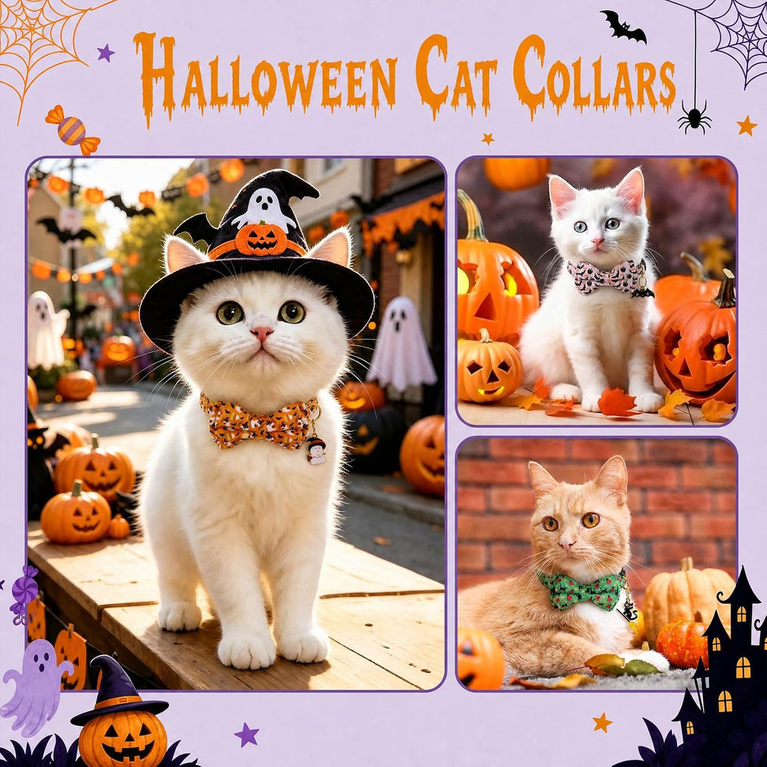 6 Pack Halloween Cat Collar with Bow Tie and Bell Breakaway Cat
