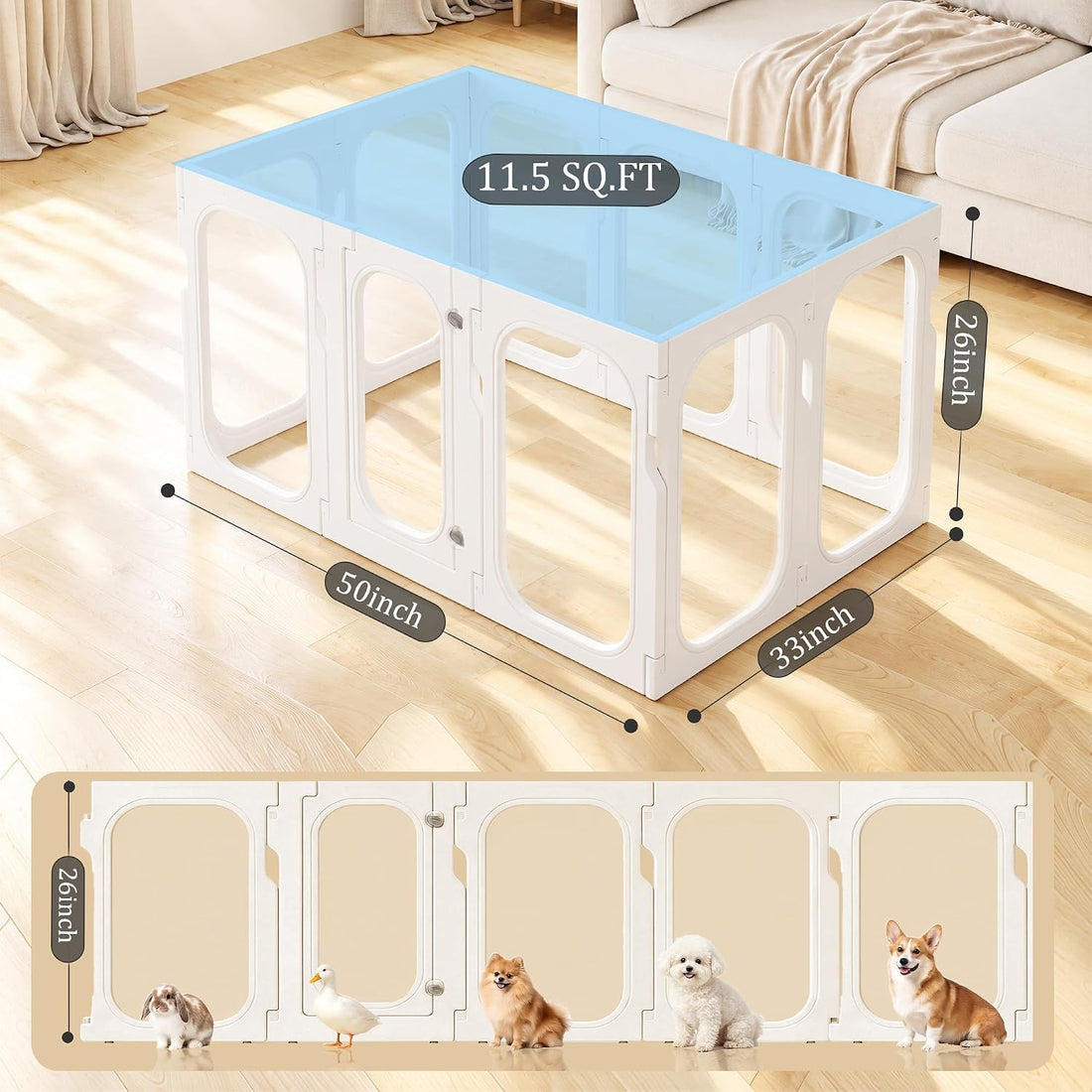 26" H Clear Acrylic Indoor Dog Playpen for Puppies, 10-Panel