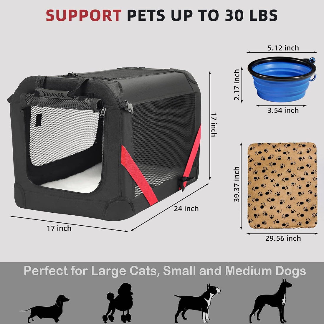 Petprsco Large Cat Carrier for 2 Cats/Small Dogs 24"x17"x17" for Car