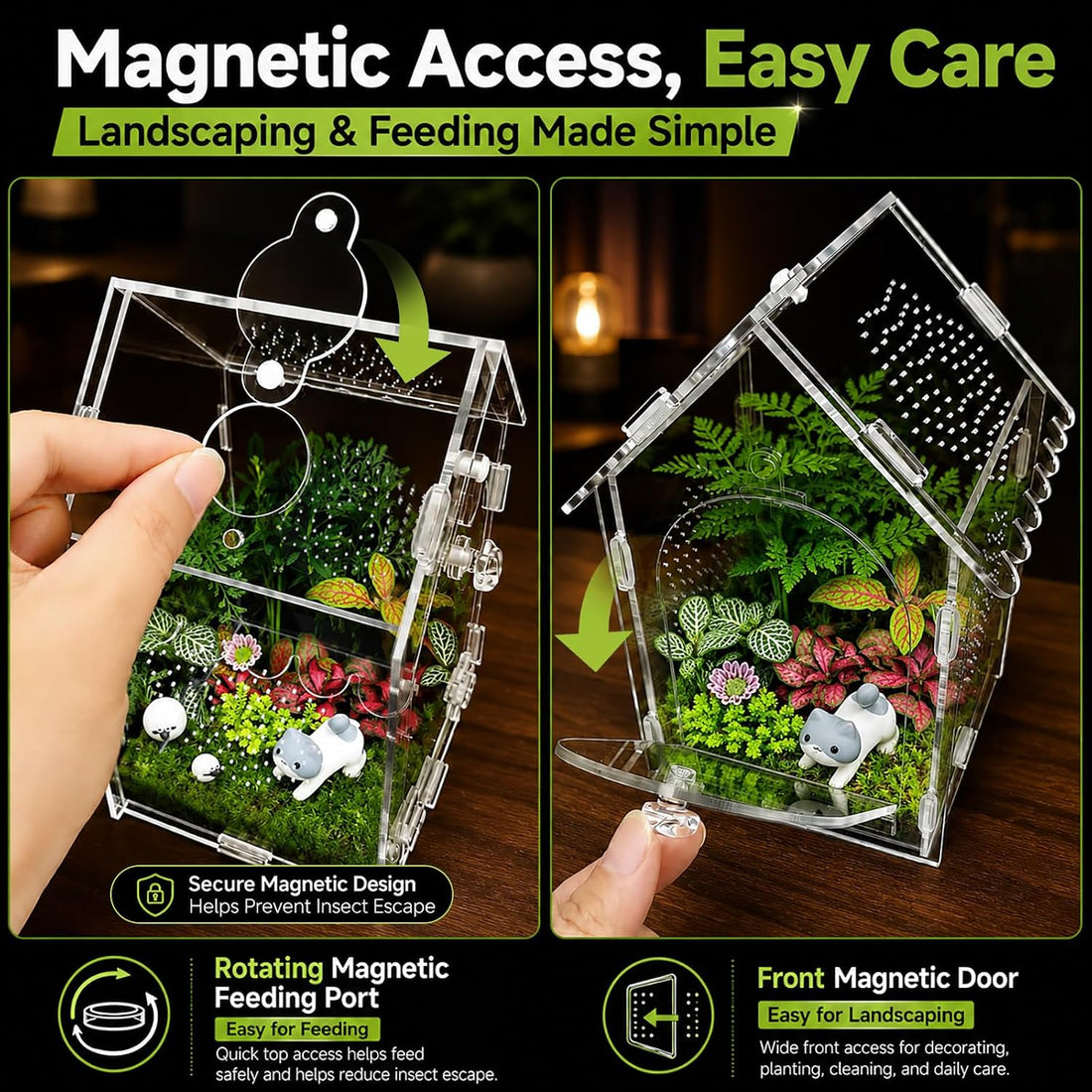 Jumping Spider Enclosure, House-Shaped Acrylic Habitat, Magnetic Door