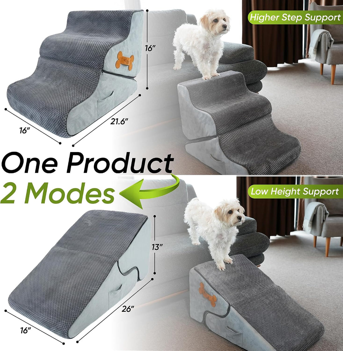 Dog Stairs for Bed & Couch – BuddyRamp 2-in-1 Foldable Dog Stairs