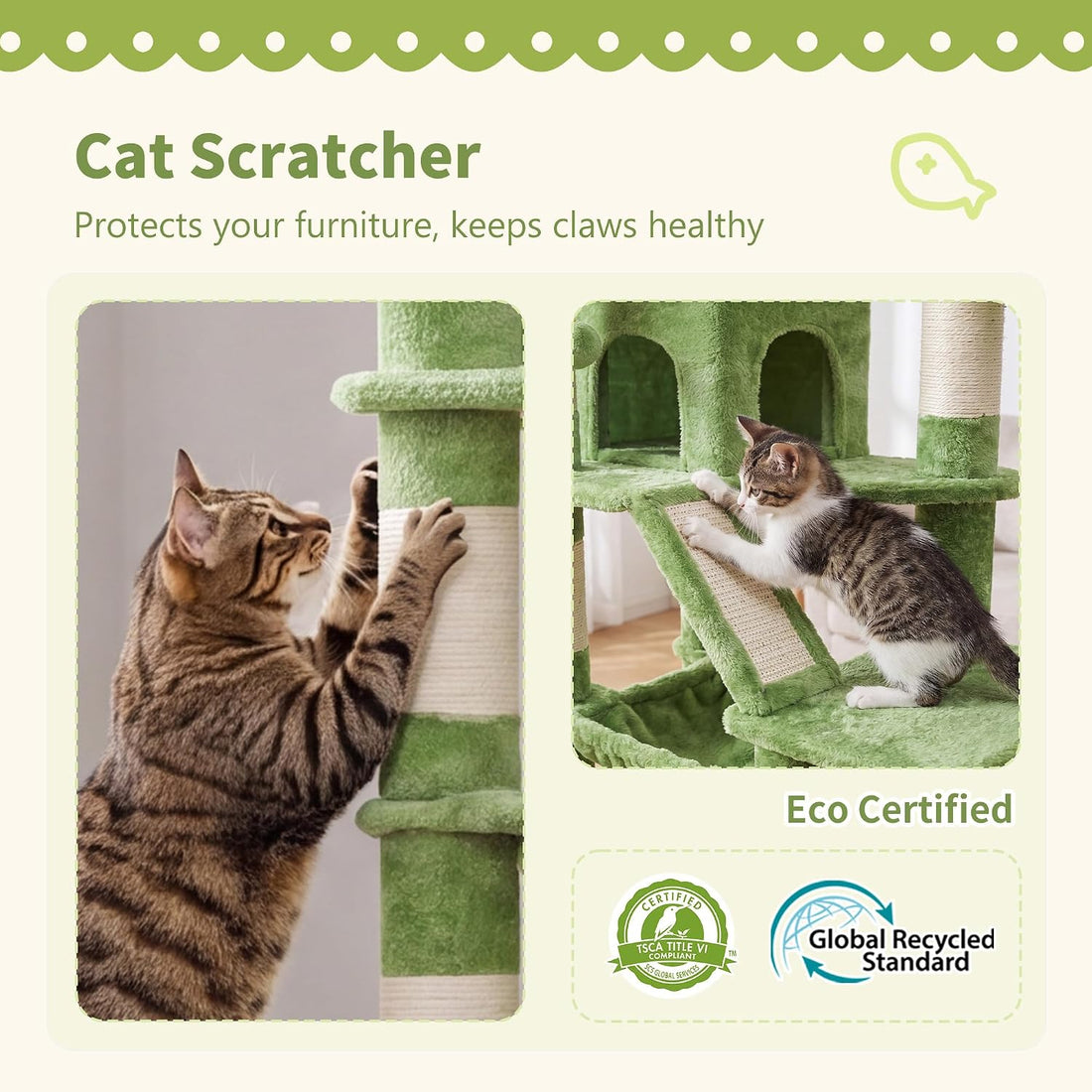 Heybly Cat Tree, 71-Inch-Tall Tower for Indoor Cats with 2 Perches
