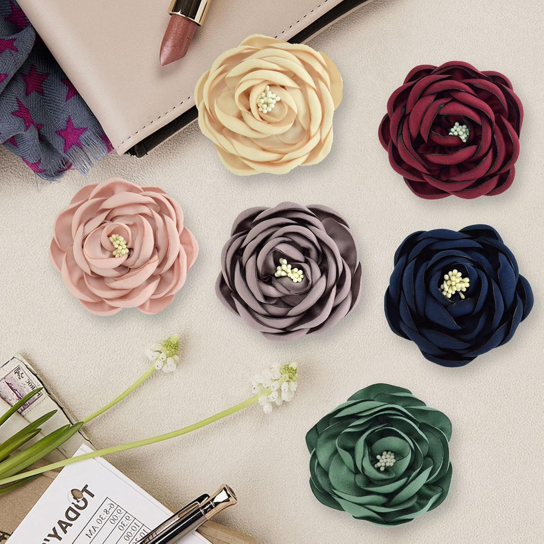 6 Pcs Dog Collar Accessories Slide-On Satin Flower Charms