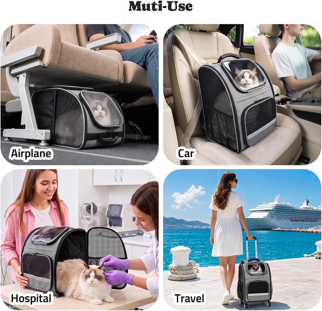 Pawtners Rolling Cat Carrier Backpack with Wheels for Cats Small Dogs