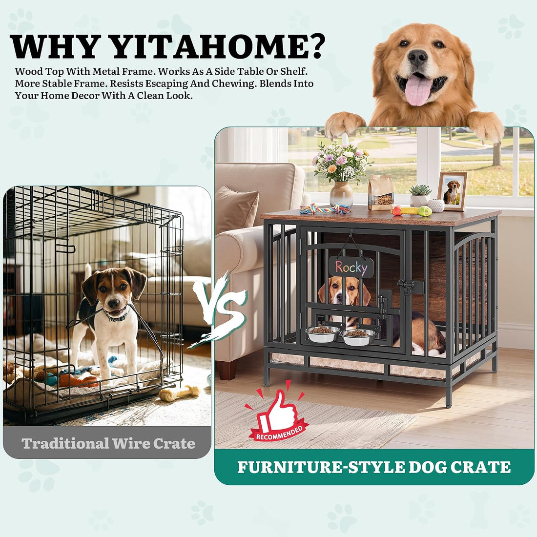 YITAHOME 41.3" Foldable Dog Crate Furniture with 360° Swivel Feeding