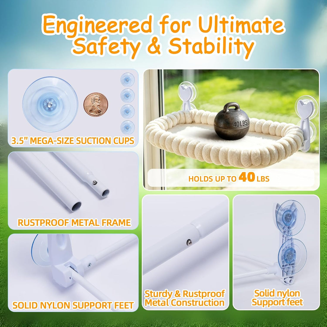 Cat Window Hammock - Beige Cordless Foldable Perch for All Cats