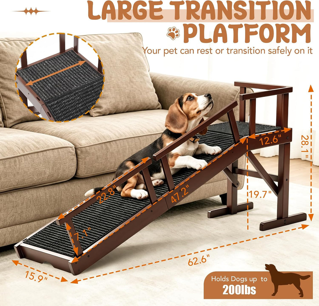 62" Wooden Dog Ramp for Bed & Couch, Pet Ramp with Platform White
