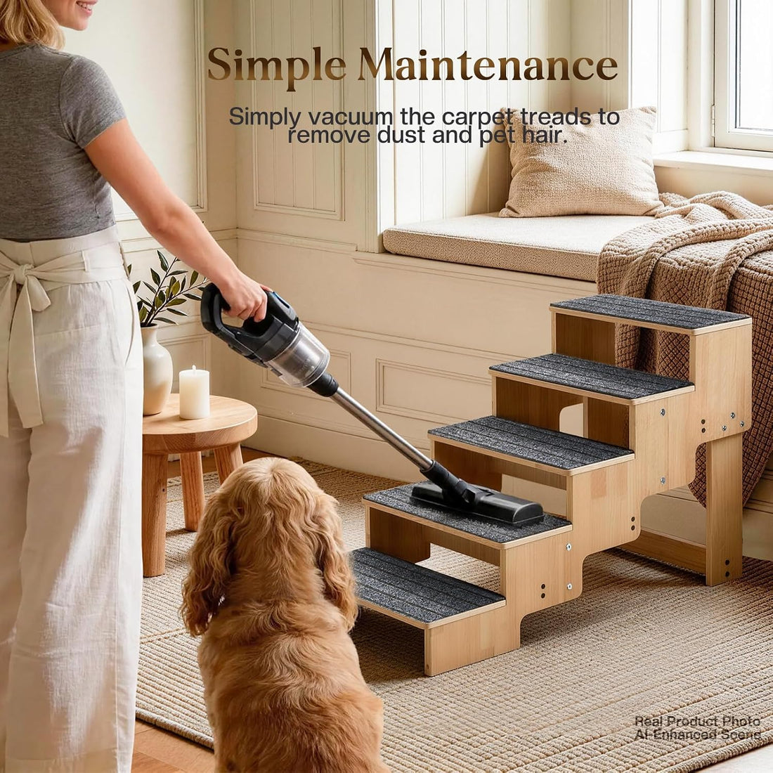 5-Step Wooden Dog Steps for Bed, Anti-Slip Dog Stairs with Carpet Pads