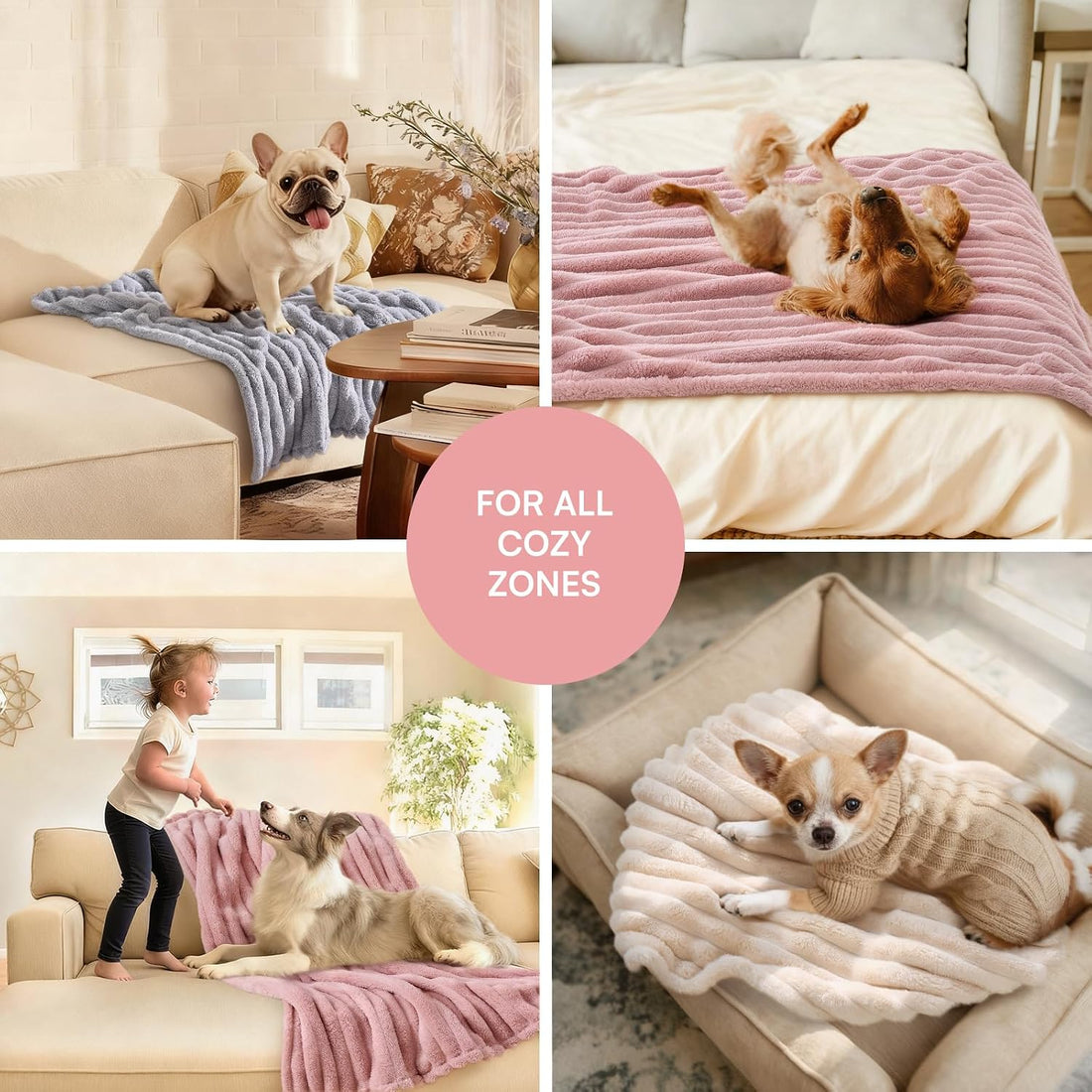 LINENLUX 1 Pack 3 Fleece Dog Blanket Soft Warm Cat Beige/Pink/Grey