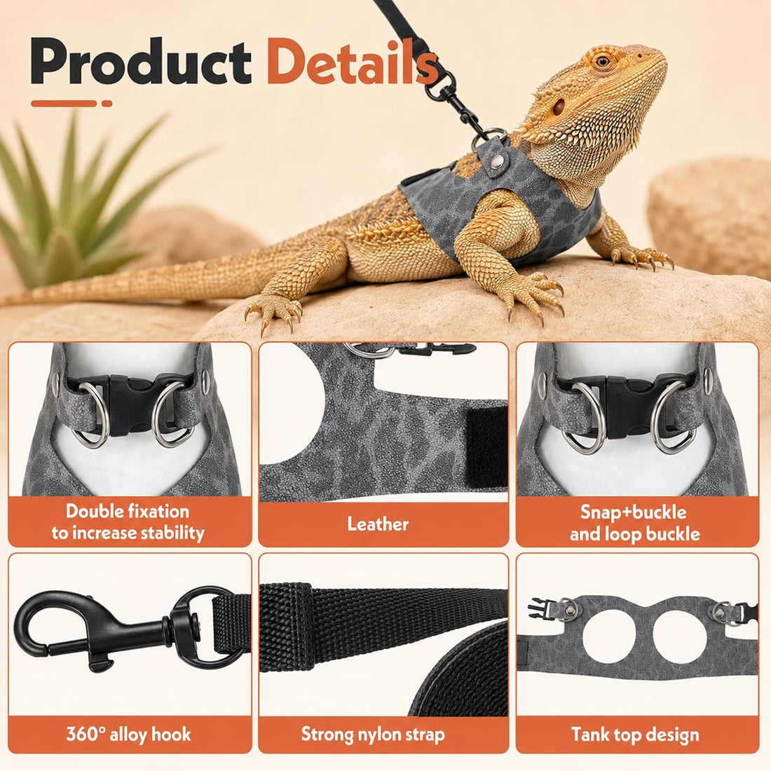 Oruola 3 Sizes Bearded Dragon Harness and Leash,for Beardeds Dragons