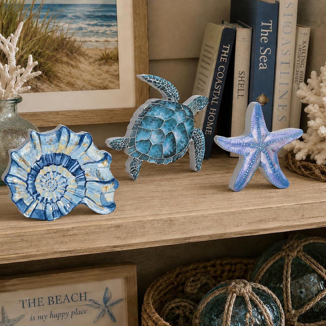 3Pcs Beach Theme Wooden Tabletop Ocean Sea Turtle Conch Decor Signs