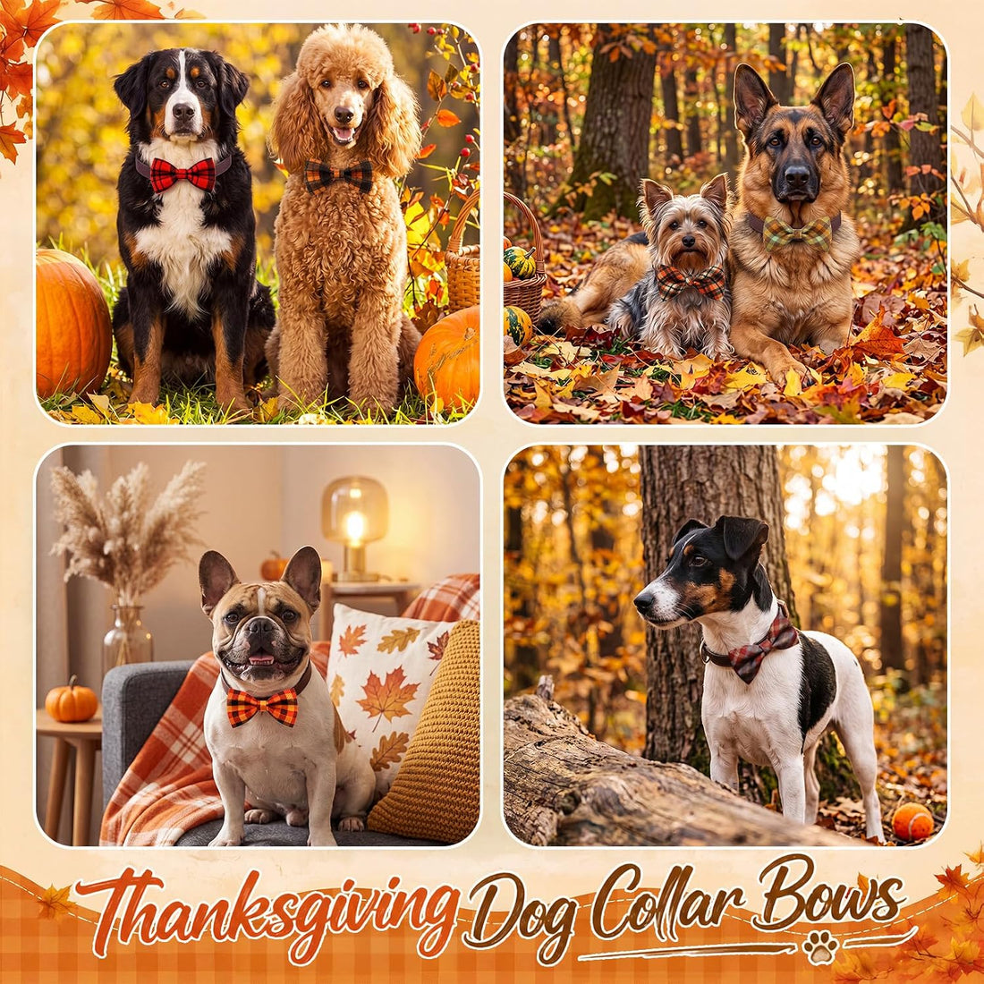 Silkfly 60 Pcs Fall Thanksgiving Plaid Dog Collar Bow Ties Bulk
