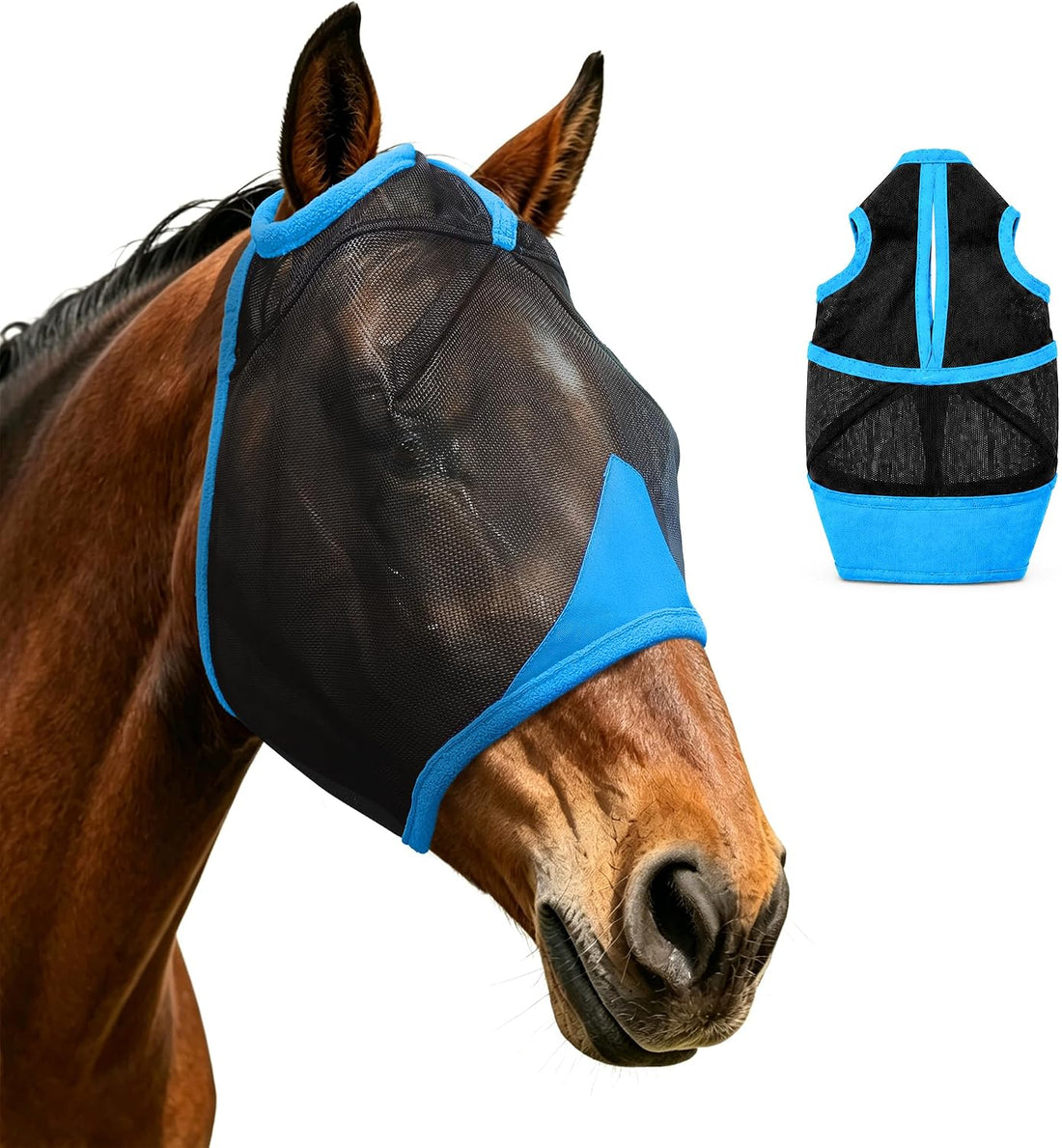 Hilltown Durable Fly Mask for Horses Without Ears - Full, Blue