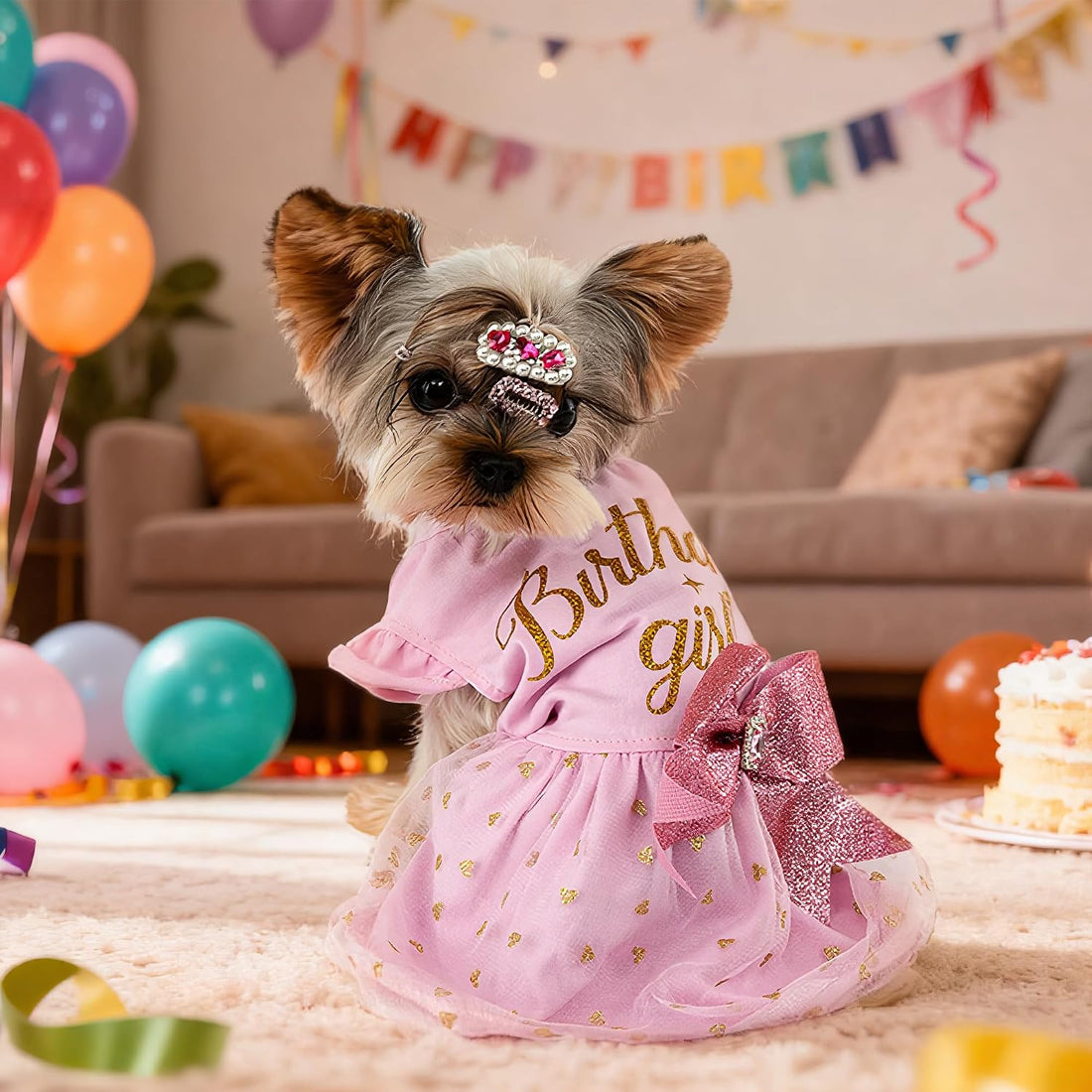 Dog Birthday Girl Dress Ruffle Dog Dress with Sparkly Pink Bowknot