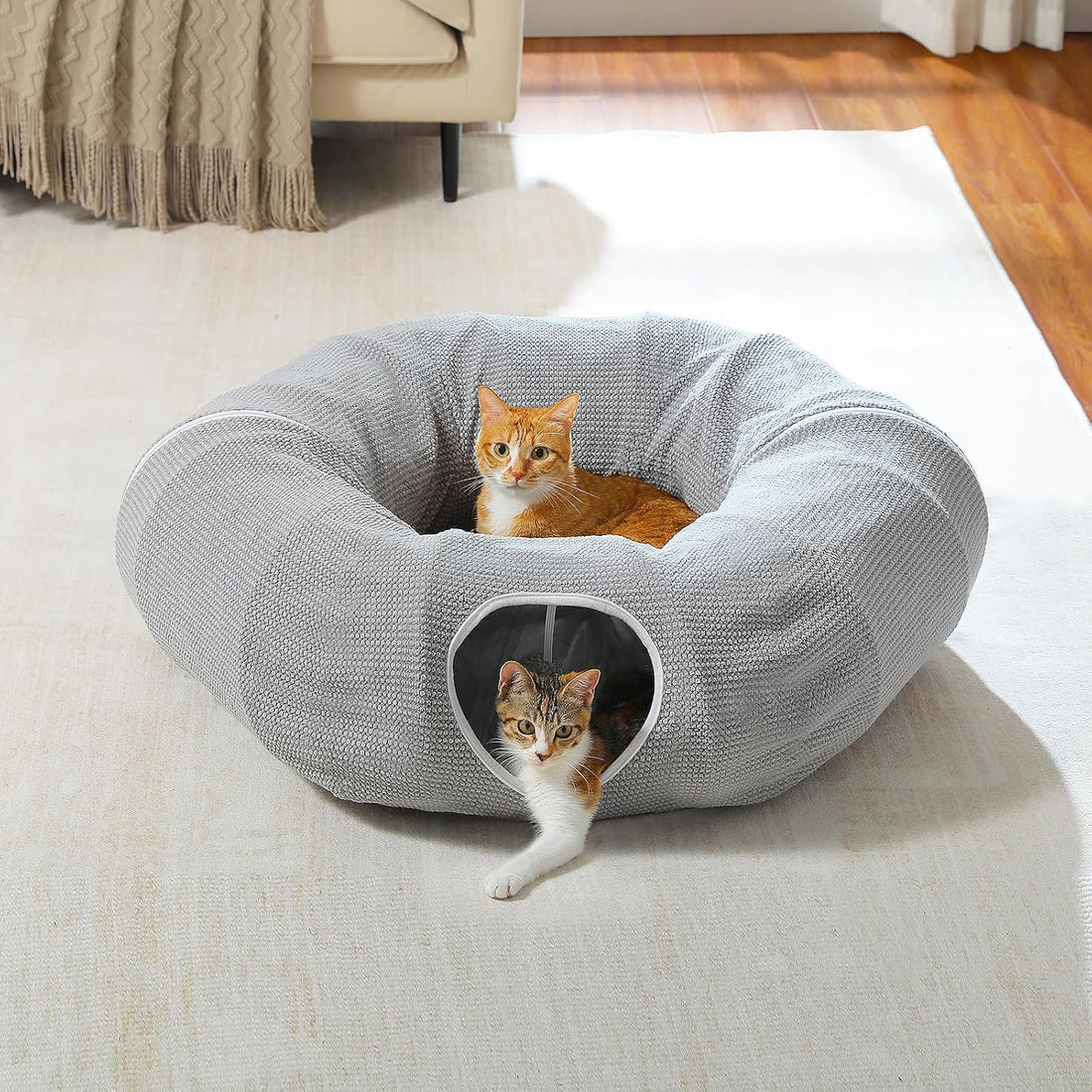 PEQULTI Grey Donut Cat Tunnel Bed Washable Plush Mat Multi for Small