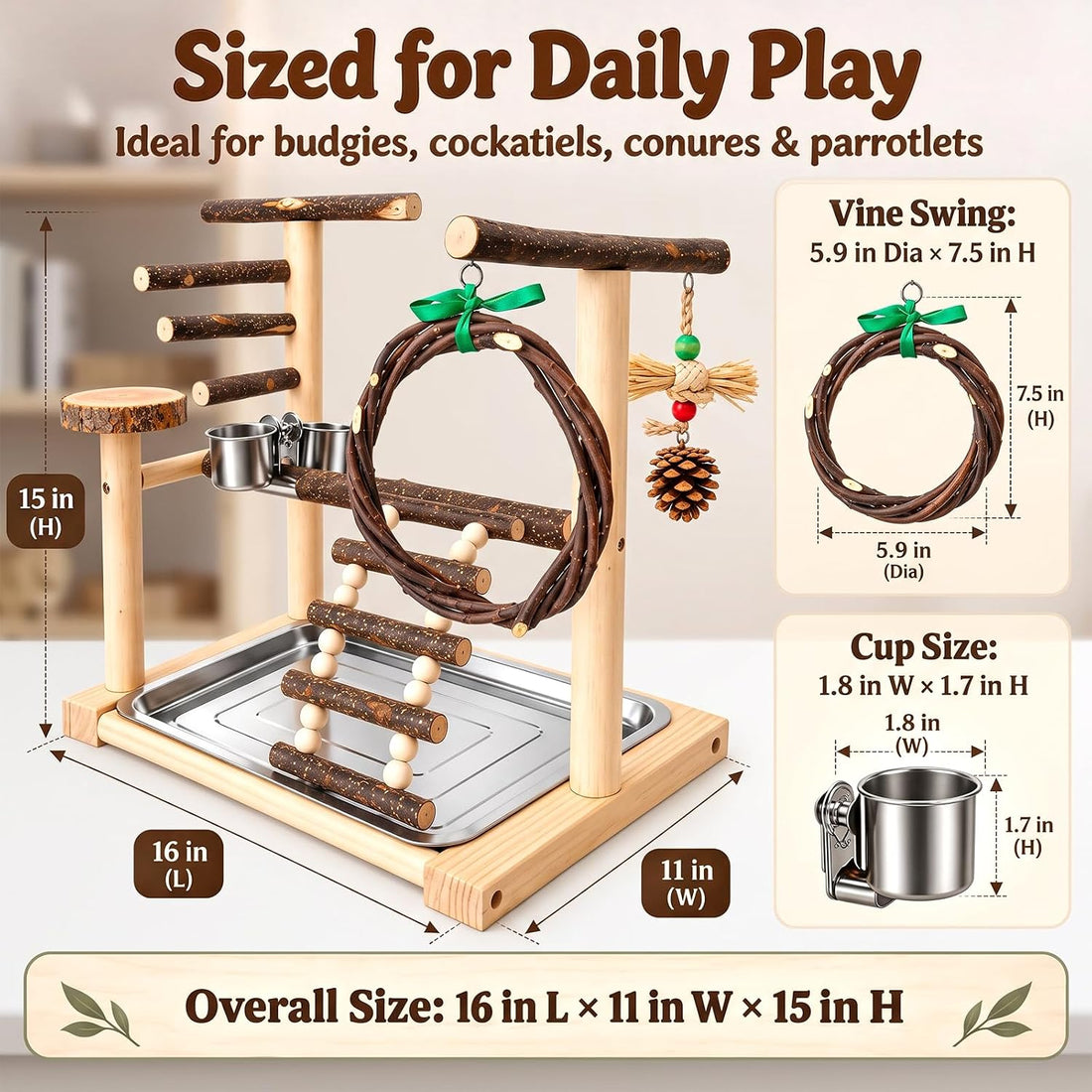 SCETTAR Bird Playground, Natural Wood Parrot Stand with Feeding Cups