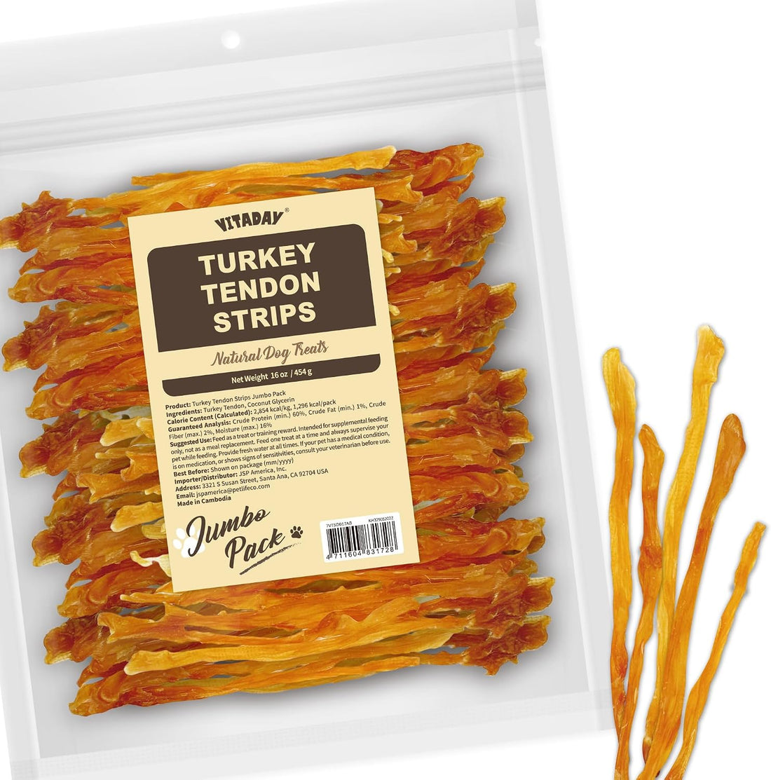 VITADAY Turkey Tendon for Dogs, USA-Sourced, Strips, 3 oz