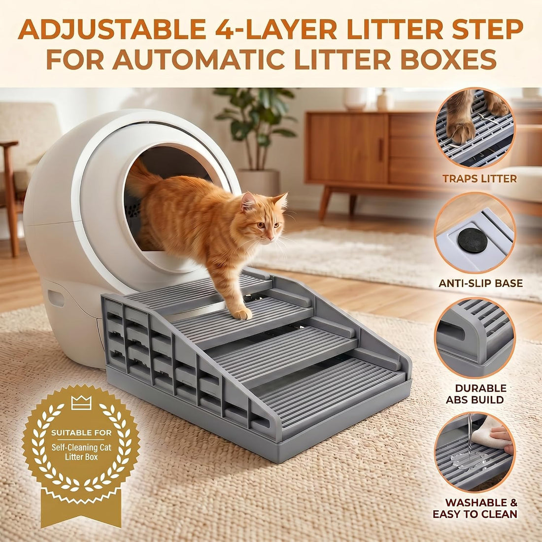 Litter Box Step for Senior Cats, Height Adjustable Cat Stairs