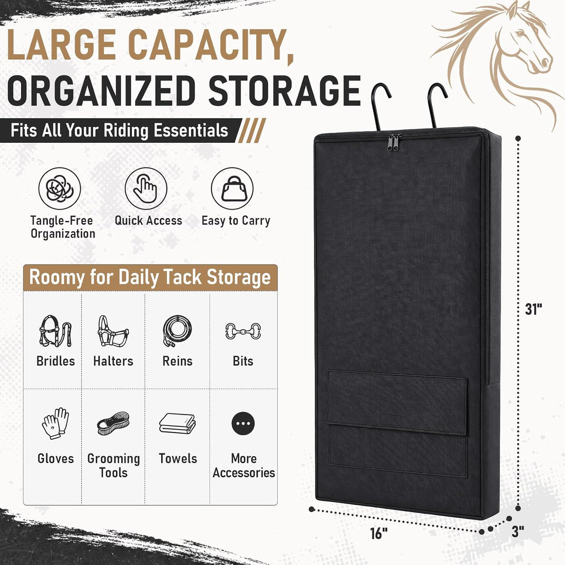 Horse Bridle Bag, 600D Oxford Waterproof Tack Organizer with 3prong
